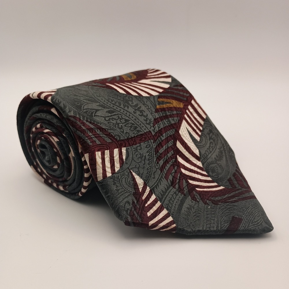 Vintage Botany 500 OS Mens Grey Burgundy Abstract Paisley Classic Wide Necktie